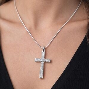 Vintage Silver Tone Cross Necklace Clear Stone Snake Chain Pendant